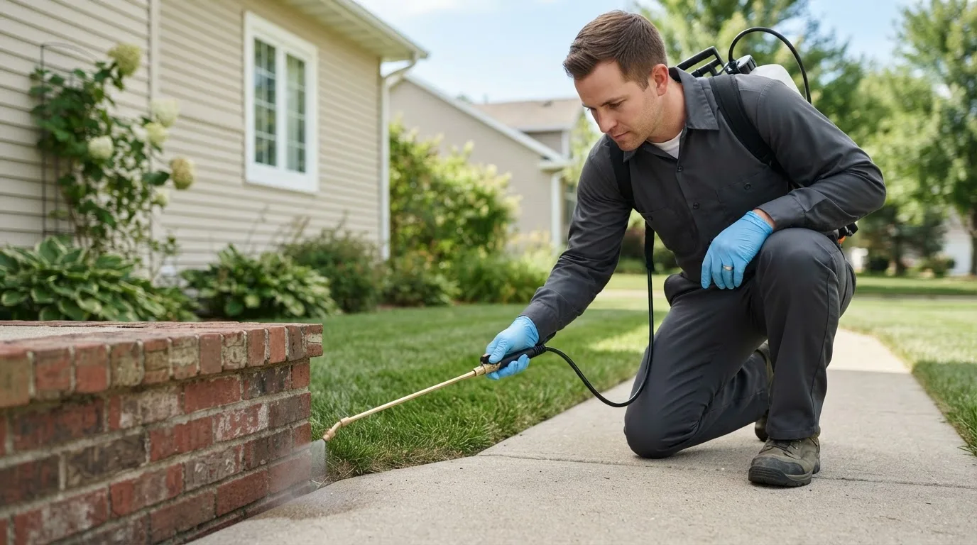 Pest control technician treating a home near Graniteville, VT